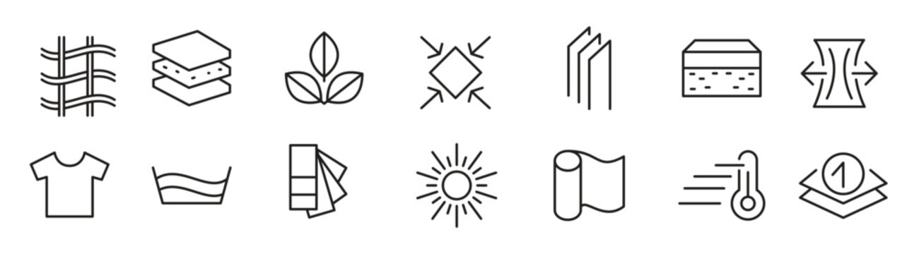 Febric Metarial line icon set. Fabric features, materials, fabric business, protection, breathable, lightweight, outline, leather, silk, synthetics, wool line icon set.