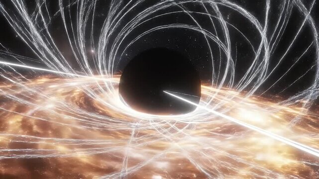 A cosmic scene depicting a black hole with a glowing accretion disc and swirling light