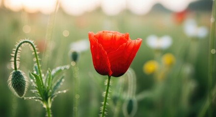 Obraz premium A vibrant red poppy flower in a field of white and yellow flowers, with a blurred background of greenery and sunlight.