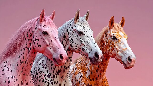 Three spotted horses in pink hues