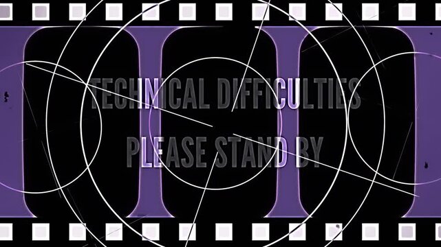 A television screen displays a technical issue, showing difficulty on a purple background with film strip edges and concentric circles.