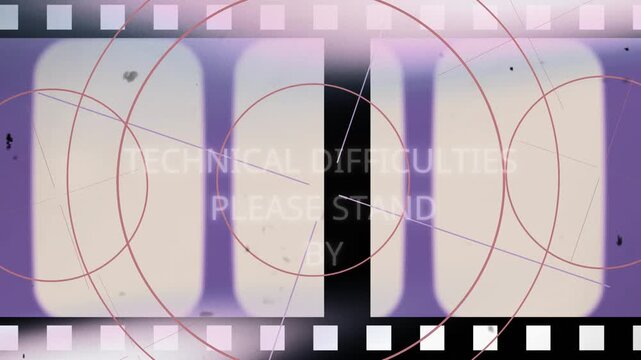 A television screen displays a technical issue with difficulty, showing a problem with concentric circles and filmstrip in the background.