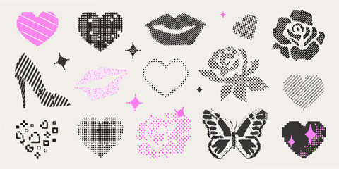 Collection of halftone patterned romantic symbols hearts lips roses and butterflies © Mamata