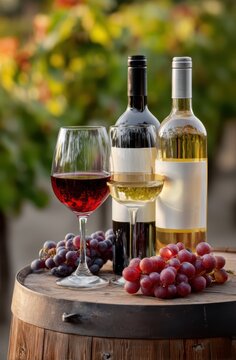 Elegant wine tasting scene featuring a glass of red wine, a glass of white wine, two bottles, and fresh grapes on a rustic wooden barrel in a vineyard setting.