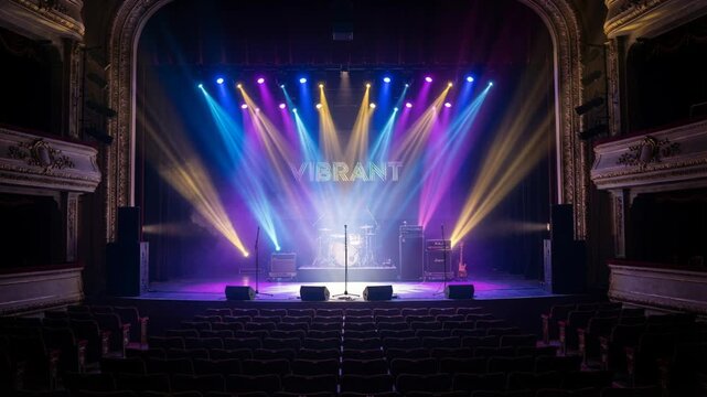 Illuminated Concert Stage With Colorful Spotlights Beams Blue Purple And Yellow Lights Over Drum Kit In Empty Ornate Theater Auditorium
