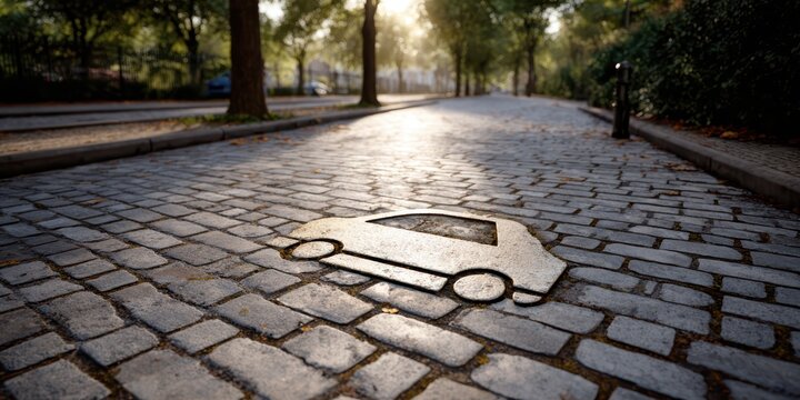 Low-angle shot of an electric vehicle charging point symbol inlaid in a cobblestone road, suggesting sustainability and eco-friendly transportation in a park or city setting.