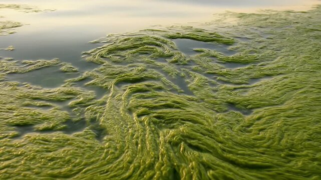 An abstract aerial view showcases a vibrant green algae bloom with watery gradients