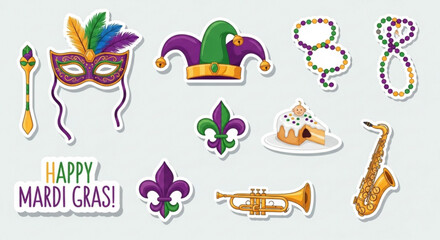 Mardi gras celebration icons with masks beads and musical instruments for party decorations and invitations © KHAN