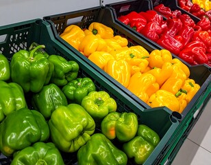 Colorful bell peppers in green crates at a grocery store