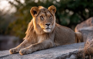 This striking image captures a young male lion resting majestically on a rocky outcrop.