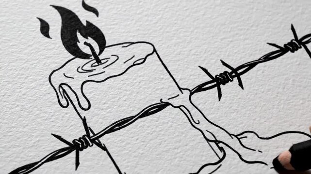Hand drawing candle and barbed wire illustration on paper