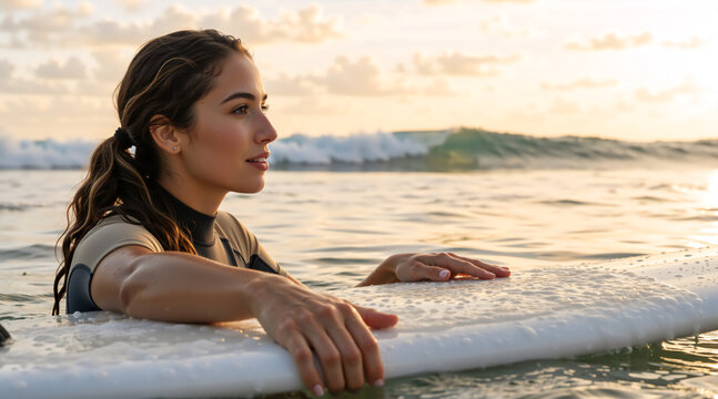 Young female surfer resting on surfboard in ocean at sunset. Profile of woman looking at horizon during golden hour. Surfing lifestyle concept