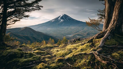 Pixelated Mountain Landscape With Forest in Foreground During Sunset with Golden Light and Cloudy Sky