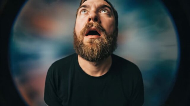 Man with wide eyes and beard looks shocked and confused, fisheye lens