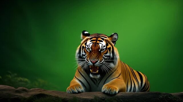 Studio recorded greenscreen tiger fierce big cat aggressive safari creature natural color detailed fur motion clip for professional VFX editing background replacement and media production
