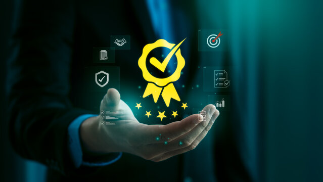 Business professional presenting glowing quality certification badge with checkmark and stars, symbolizing approval, trust, compliance standards and performance assurance in corporate environment