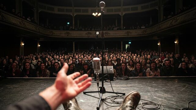 First person view of performer lying on stage facing audience with extended hand and vintage microphone in dimly lit theater setting