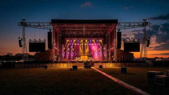 Large Outdoor Music Festival Stage Structure Illuminated with Blue and Yellow Lights During Sunset with Clear Sky and Empty Grassy Field