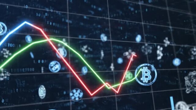 Close-up of a financial graph with Bitcoin and cryptocurrency symbols on a digital screen with a dark background and neon-colored lines.