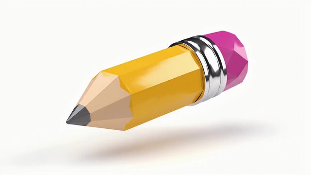A yellow pencil with a pink eraser, floating in mid-air on a white background