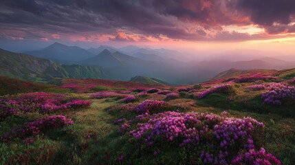 Obraz premium Mountainous Landscape Featuring Purple Blooming Flowers Under a Cloudy Sunset Sky with Golden and Purple Hues