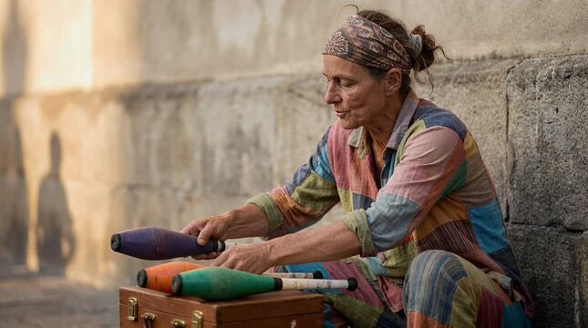 Woman prepares juggling props outdoors