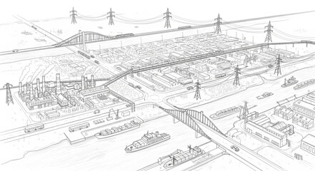 Aerial sketch of a city landscape with bridges and power lines.