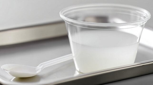 barium. White barium suspension in medical cup with straw, on sterile tray. bar promotions, beverage menus, designed for food & beverage menus and cafe branding, used by art directors.