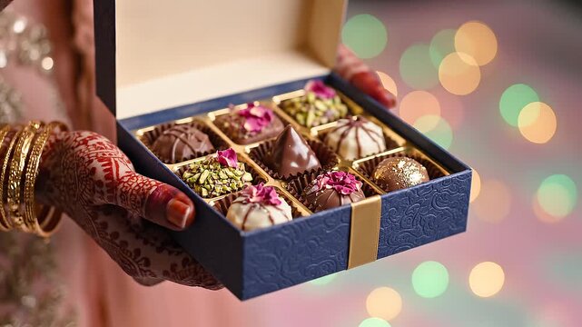 A woman's hands holding a blue box filled with assorted chocolates and sweets, decorated with intricate henna designs, against a colorful bokeh background