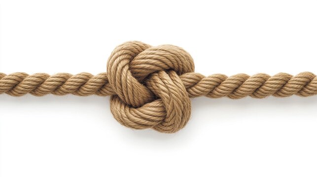 overhand. Single overhand knot made of thick jute rope on white background. lifestyle magazines, social media lookbooks, designed for lifestyle magazines and social media content.