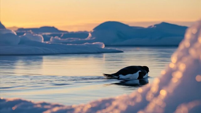 Penguin swimming in icy ocean at sunset, Antarctica wildlife