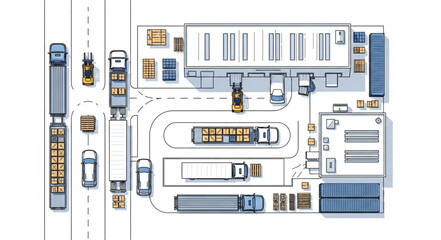 Aerial view of a logistics distribution center with trucks and containers.