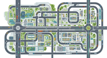 Aerial view of a complex urban road network and city infrastructure.