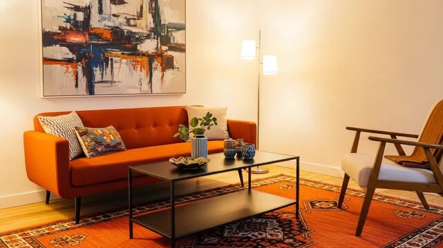 Mid century modern living room with orange sofa, abstract canvas wall art, warm floor lamp glow, glass coffee table, patterned rug, and wooden lounge chair in cozy interior