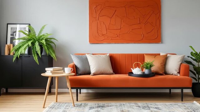 Modern living room interior with orange leather sofa, gray and beige pillows, wooden coffee table, green monstera plant, abstract terracotta wall art, soft daylight
