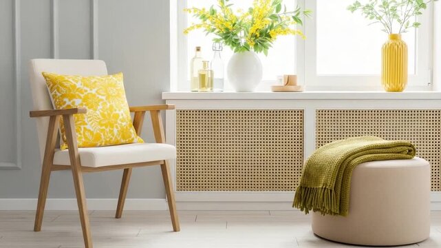 Sunlit Scandinavian living room interior with wooden armchair, yellow patterned cushion, olive green throw blanket, wicker radiator cover, and vase decor by window