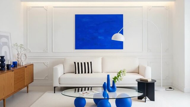 Modern white living room interior with beige sofa, black striped pillow, blue abstract wall art, glossy cobalt glass vase and plant on coffee table, nobody indoors