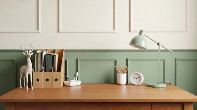 Static shot of minimalist home office desk with mint lamp, pale green wainscoting and neutral wall panels, wooden organizer with books and folders, and small clock indoors