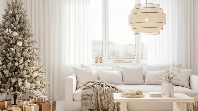 Cozy Scandinavian living room with white sofa, beige knit blanket, round coffee table and lit Christmas tree beside window, soft daylight, neutral decor, minimalist holiday interior