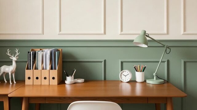 Scandinavian home office desk with wooden organizer, notebook and smartphone on walnut tabletop, pale mint green paneled wall, white chair and minimal decor in soft daylight