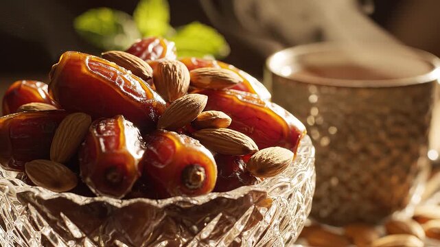 A wicker basket overflowing with dates and almonds, beside a textured metal cup, on a rustic table, captured in a warm, close-up shot