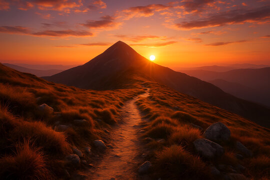 A sunlit path leads to a mountain peak at sunset. The sky is a mix of orange and purple hues, with soft clouds, creating a tranquil and majestic scene.