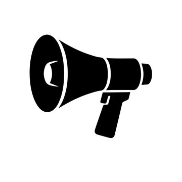 Black silhouette of a megaphone, broadcasting sound for announcement, promotion, or alert