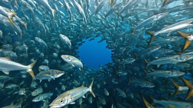 Fish school forms bait ball in tropical ocean water