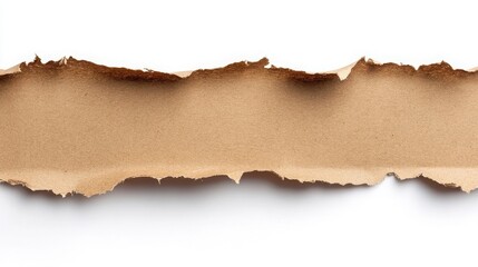 Fototapeta premium Brown kraft paper torn strip with ripped edge isolated on white background for design and crafting projects with torn paper