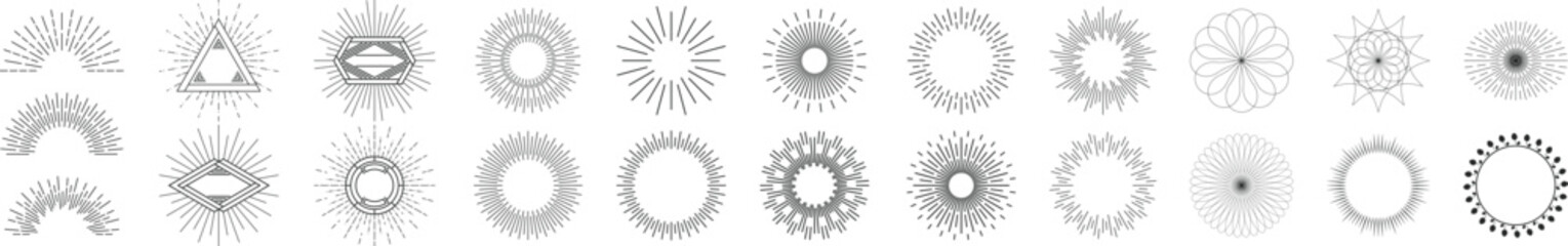 Collection of abstract geometric vector design elements featuring radial and circular patterns ideal for modern graphic design and UIUX projects