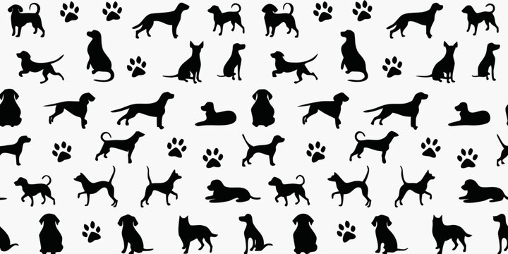 Seamless pattern of black silhouettes depicting various dog breeds and cats
