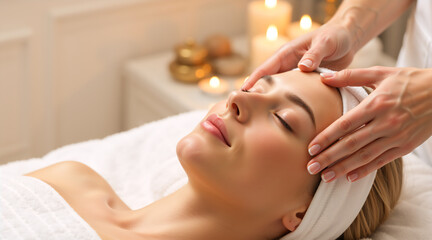 Close up of a woman receiving a facial massage at a spa. Professional skin care treatment with candles in background. Wellness and relaxation concept