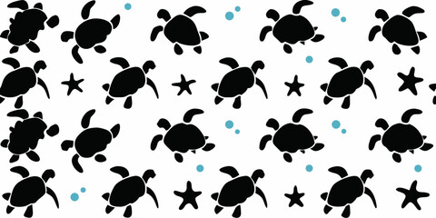 A repeating pattern of black turtles stars and teal dots on white © Milton