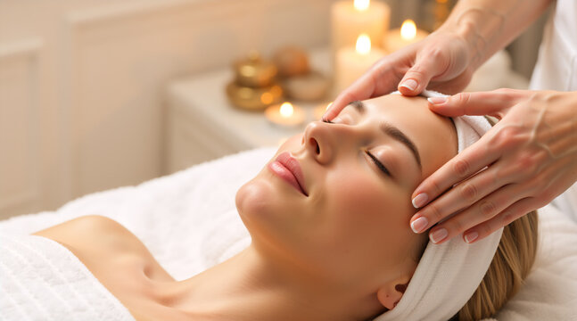 Close up of a woman receiving a facial massage at a spa. Professional skin care treatment with candles in background. Wellness and relaxation concept